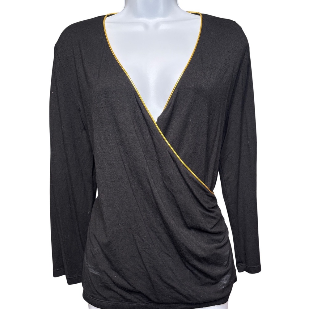 LAUREN RALPH LAUREN Black Faux Wrap Gold Trim Blouse L Ruched Officewear Stretch